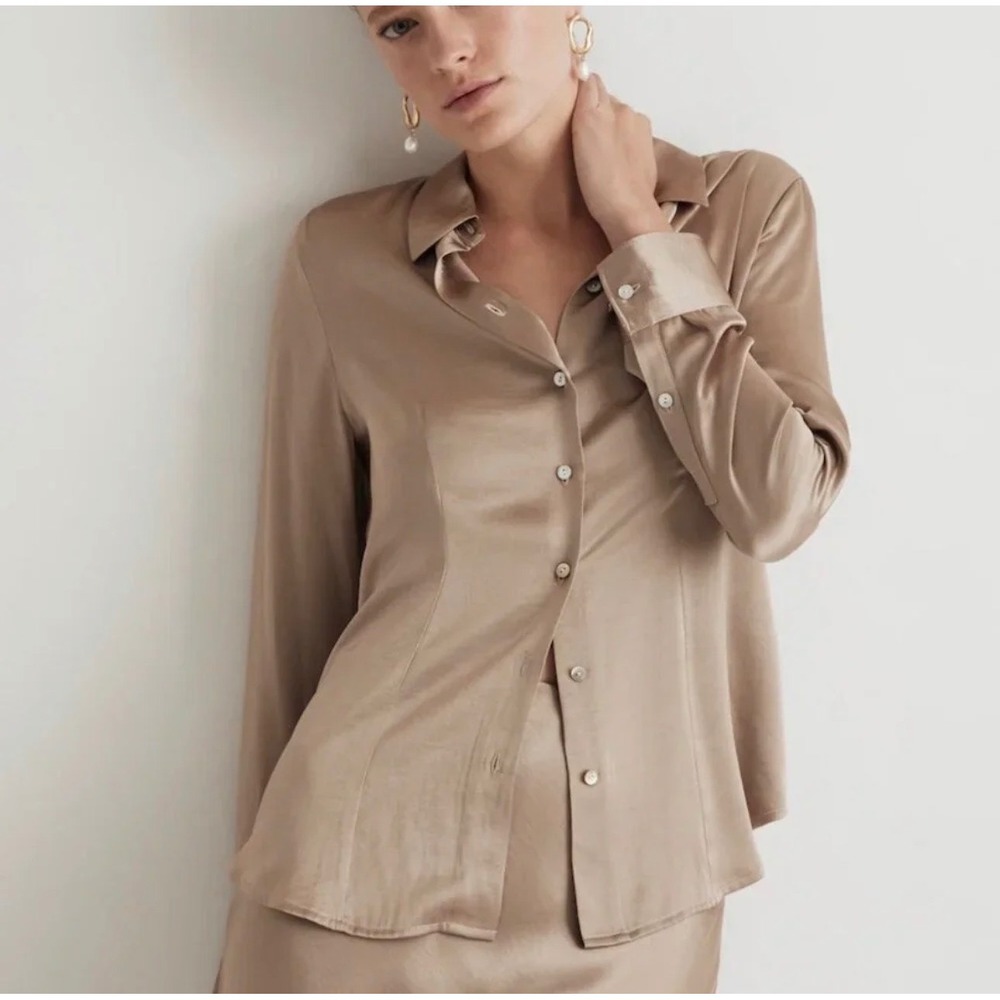Madewell Womens 4 Champagne Gold Satin Button Down Shirt NN947 Long Sleeve